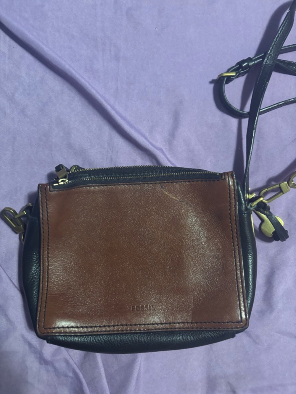 Fossil Brown and Black Leather Crossbody Purse